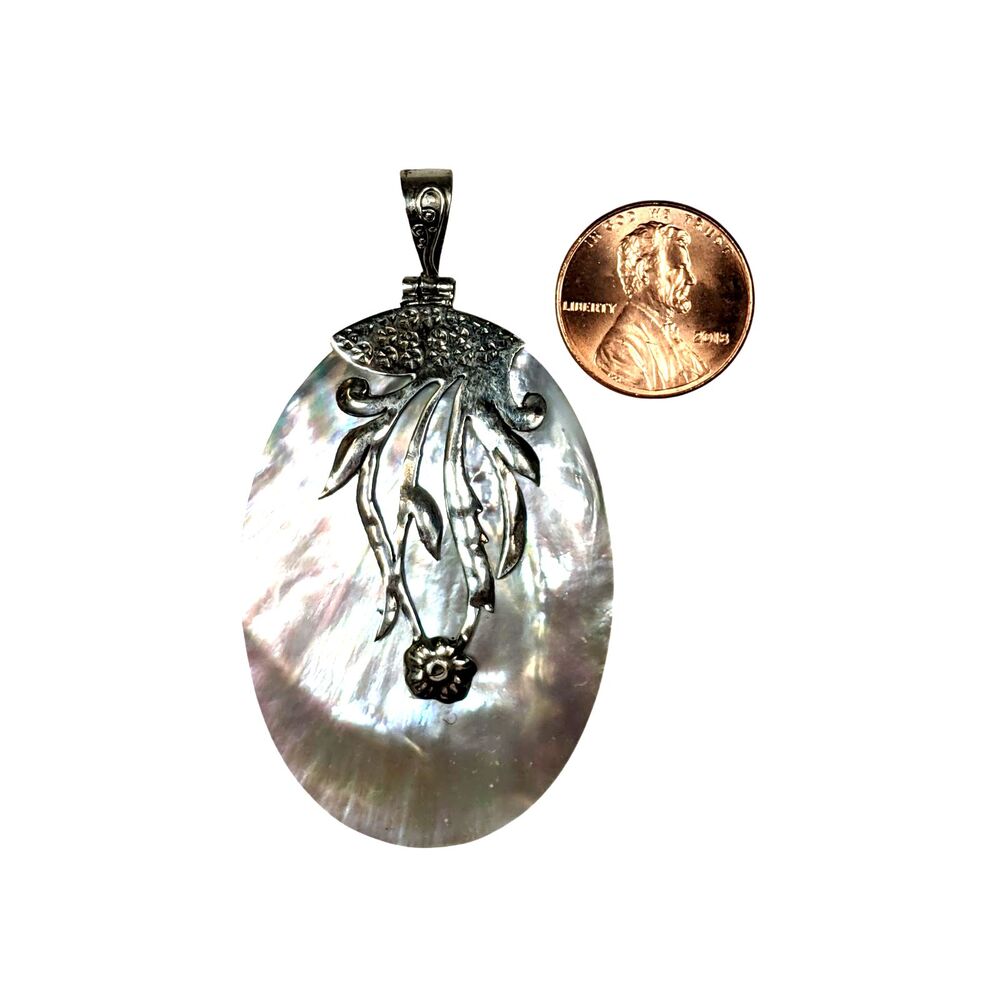 Art Nouveau Sterling Pendant Mother Of Pearl Silver Flowers Romantic Regency BIG